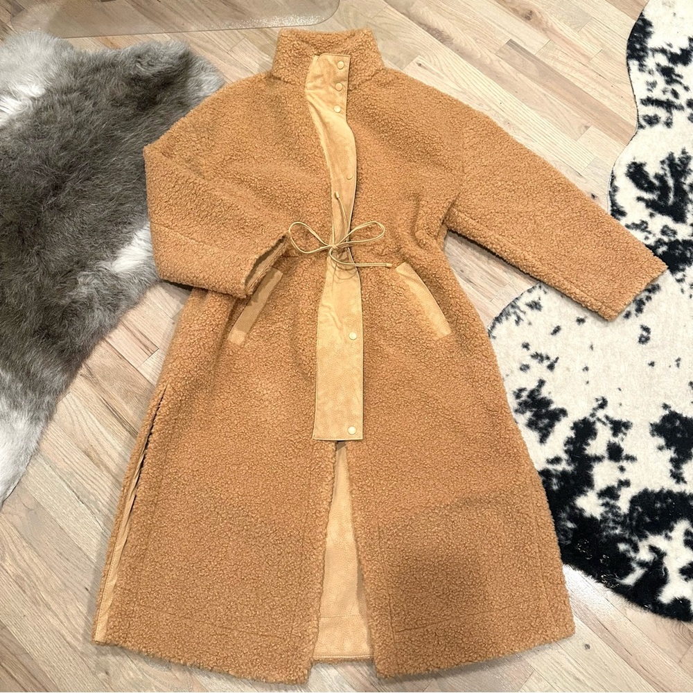 ASOS Borg Funnel Neck Drawstring Waist Coat - Camel - Size 4 - NWT